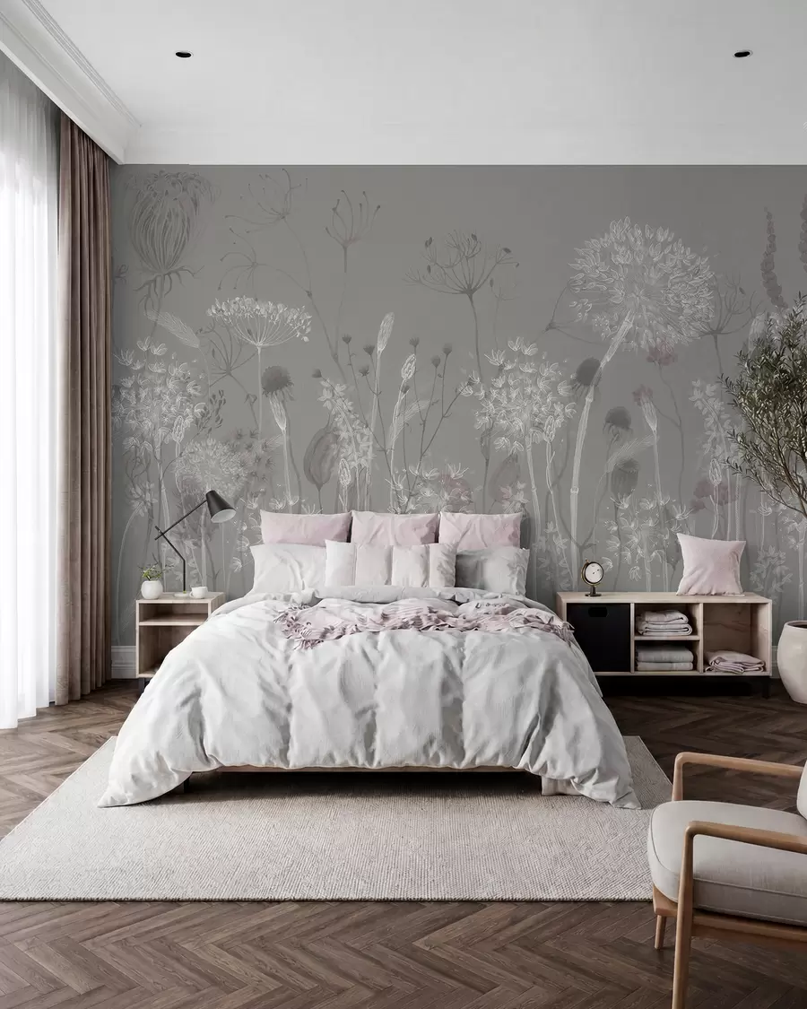 Fototapet Luftiga maskrosor och vildblommor i akvarellstil i blågrå toner w08637v3