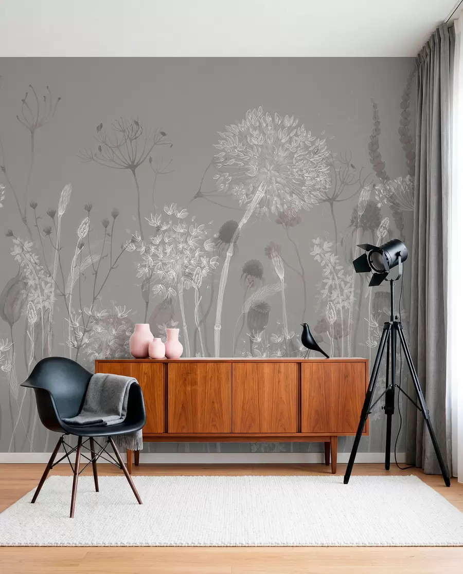 Fototapet Luftiga maskrosor och vildblommor i akvarellstil i blågrå toner w08637v3