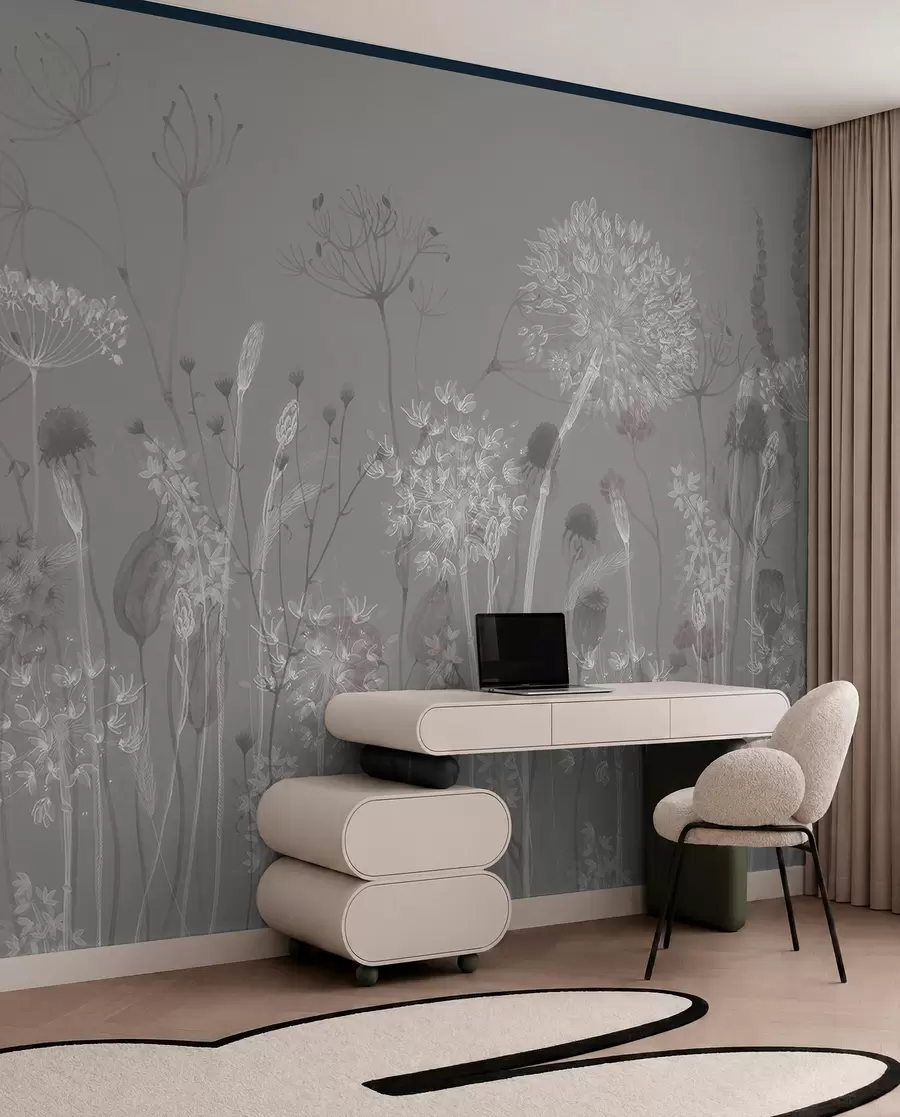 Fototapet Luftiga maskrosor och vildblommor i akvarellstil i blågrå toner w08637v3