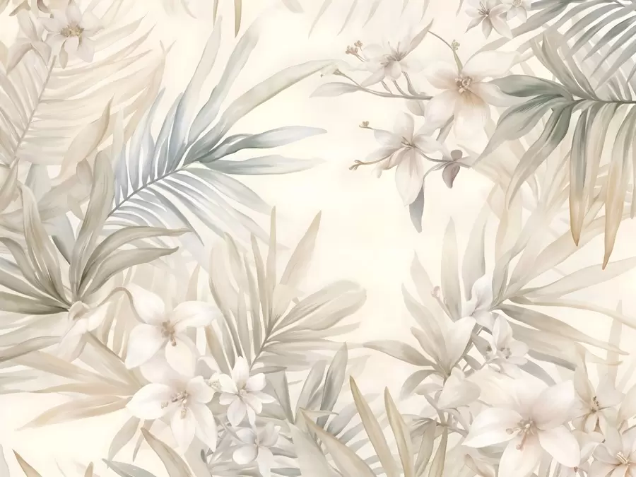 Fototapet Pastellfärgade tropiska blad och blommor, med ljusa gröna, krämfärgade och subtila rosa w08660