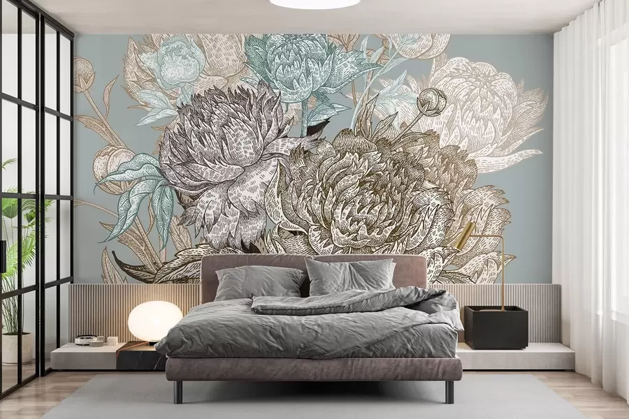 Fototapet En detaljerad blommig linjemönster med stora pioner och blad i nyanser av blått, beige och brunt w08663