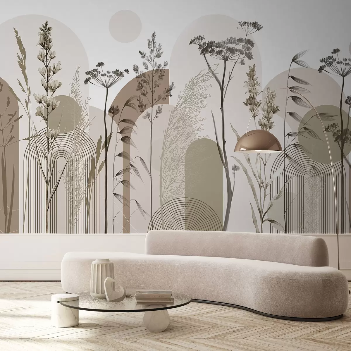 Fototapet En samling växter och blommor i neutrala toner på en abstrakt bågformad bakgrund i mjuka beige och bruna nyanser w08665