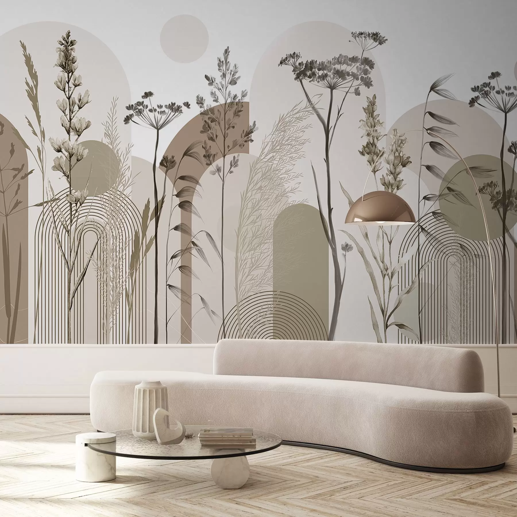 Fototapet En samling växter och blommor i neutrala toner på en abstrakt bågformad bakgrund i mjuka beige och bruna nyanser w08665