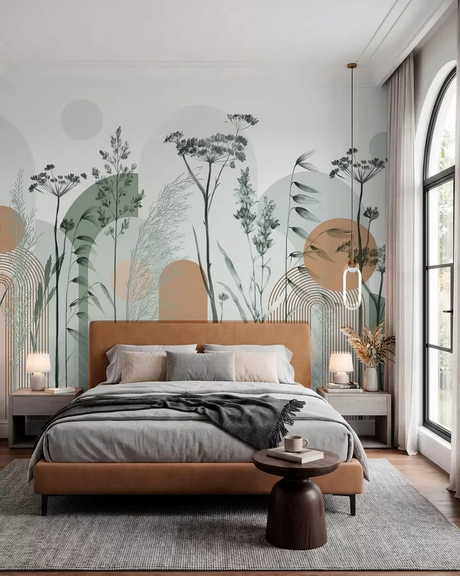 Fototapet En samling växter och blommor i neutrala toner på en abstrakt bågformad bakgrund i mjuka gröna och orange nyanser w08665v1