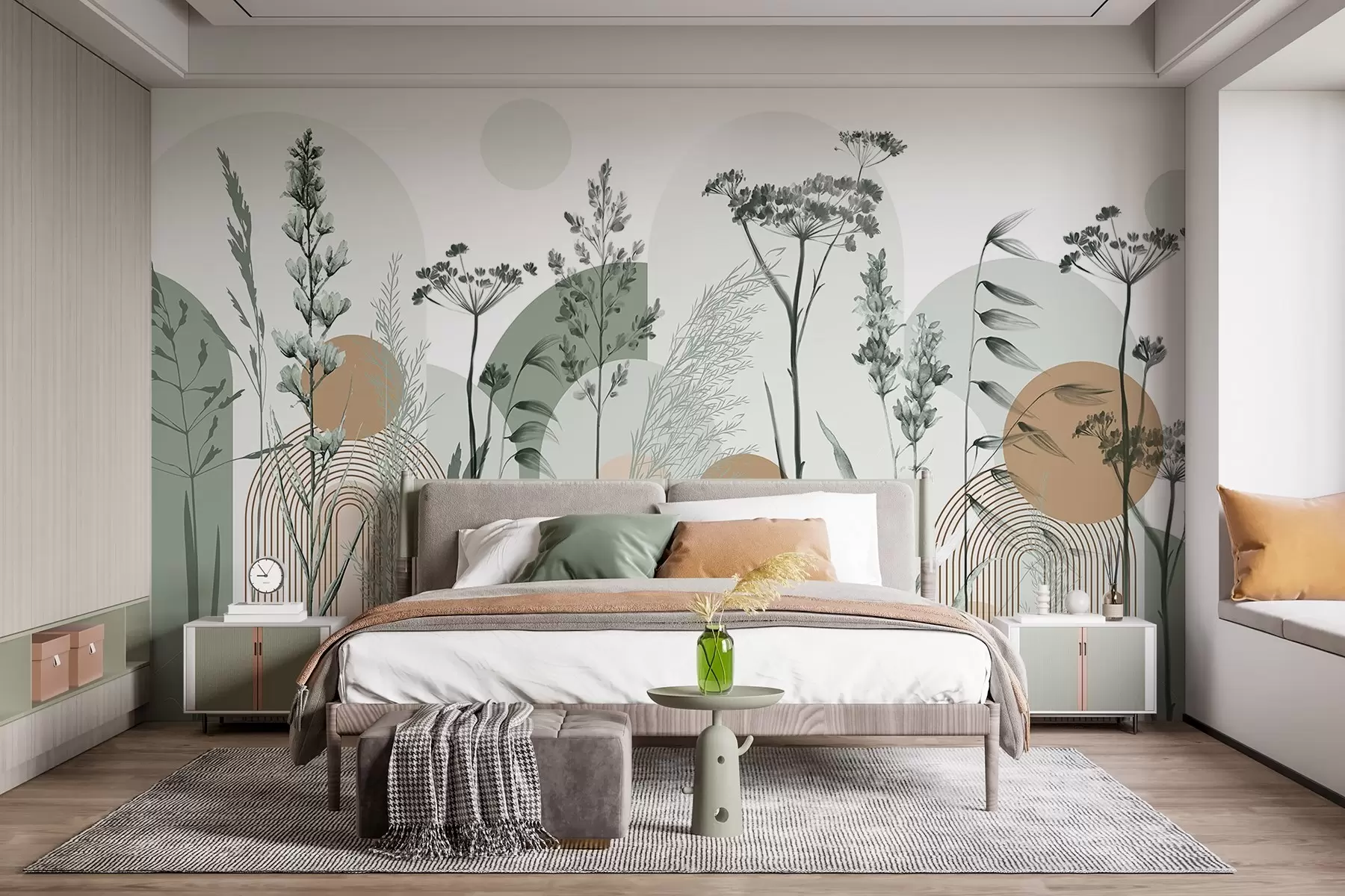 Fototapet En samling växter och blommor i neutrala toner på en abstrakt bågformad bakgrund i mjuka gröna och orange nyanser w08665v1