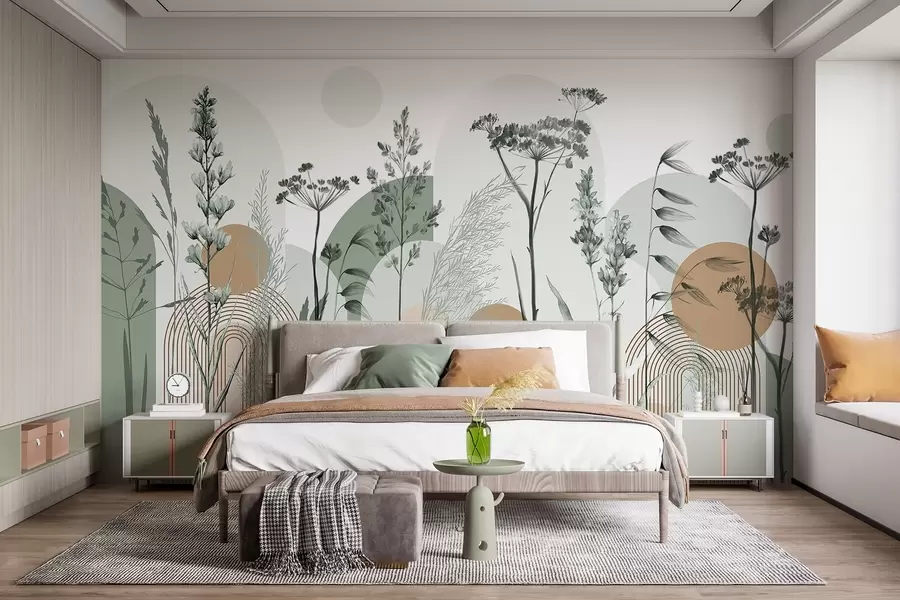 Fototapet En samling växter och blommor i neutrala toner på en abstrakt bågformad bakgrund i mjuka gröna och orange nyanser w08665v1