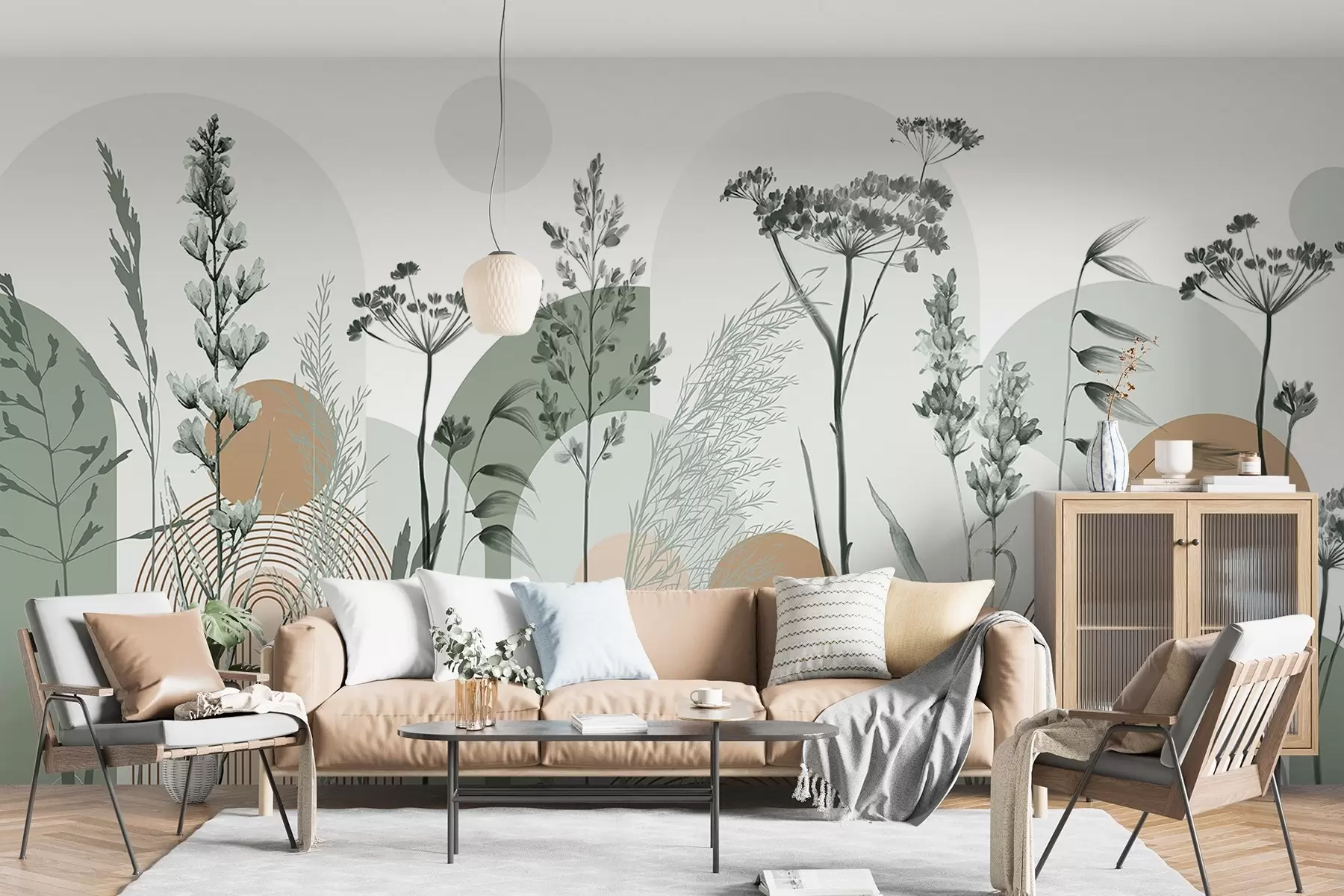 Fototapet En samling växter och blommor i neutrala toner på en abstrakt bågformad bakgrund i mjuka gröna och orange nyanser w08665v1