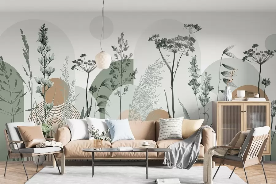 Fototapet En samling växter och blommor i neutrala toner på en abstrakt bågformad bakgrund i mjuka gröna och orange nyanser w08665v1