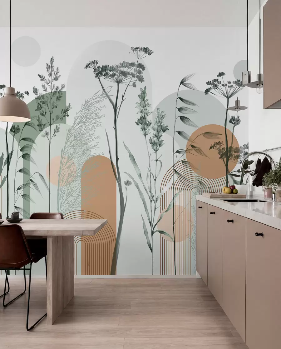 Fototapet En samling växter och blommor i neutrala toner på en abstrakt bågformad bakgrund i mjuka gröna och orange nyanser w08665v1