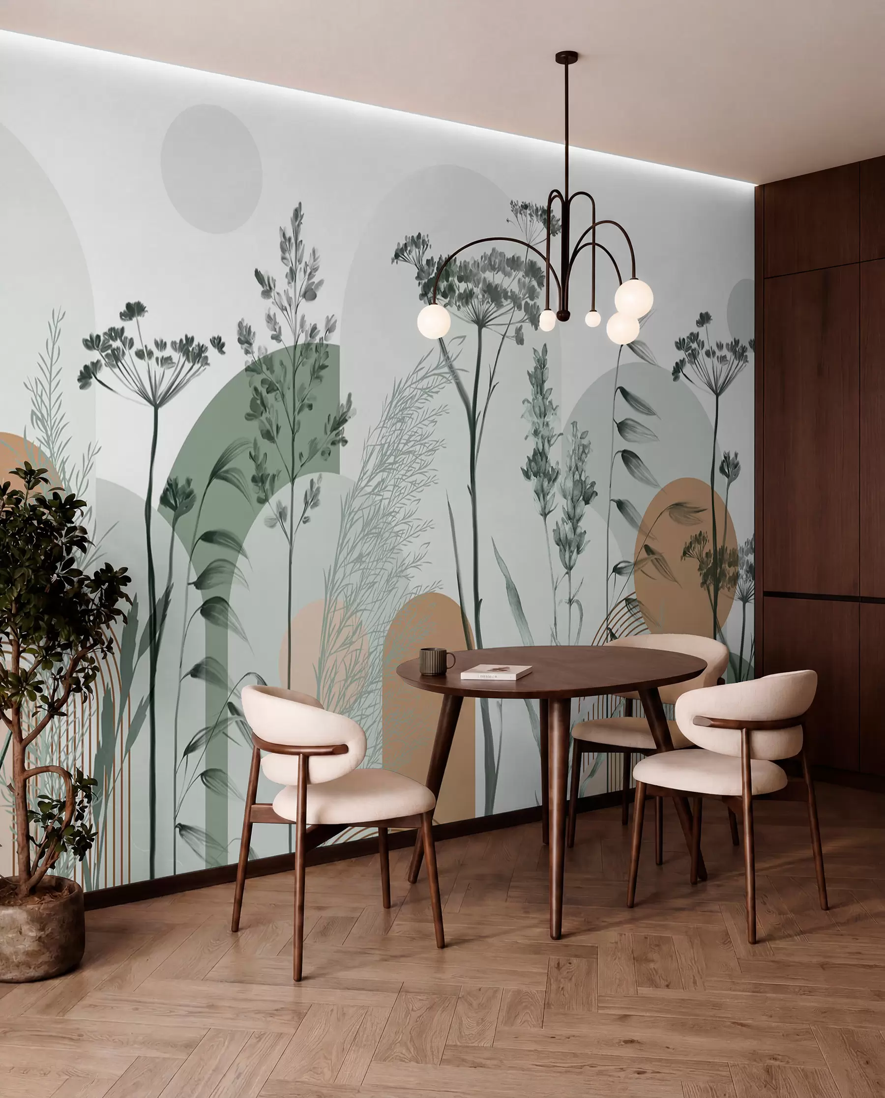 Fototapet En samling växter och blommor i neutrala toner på en abstrakt bågformad bakgrund i mjuka gröna och orange nyanser w08665v1