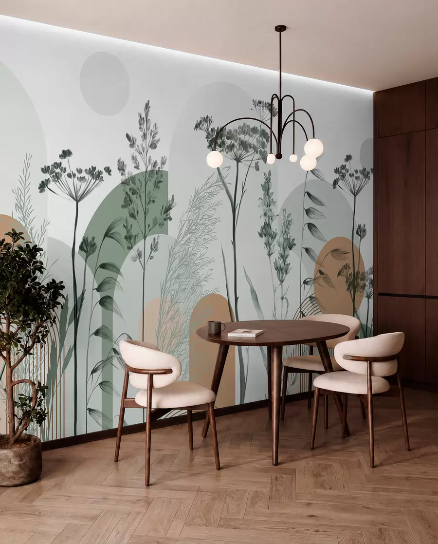 Fototapet En samling växter och blommor i neutrala toner på en abstrakt bågformad bakgrund i mjuka gröna och orange nyanser w08665v1