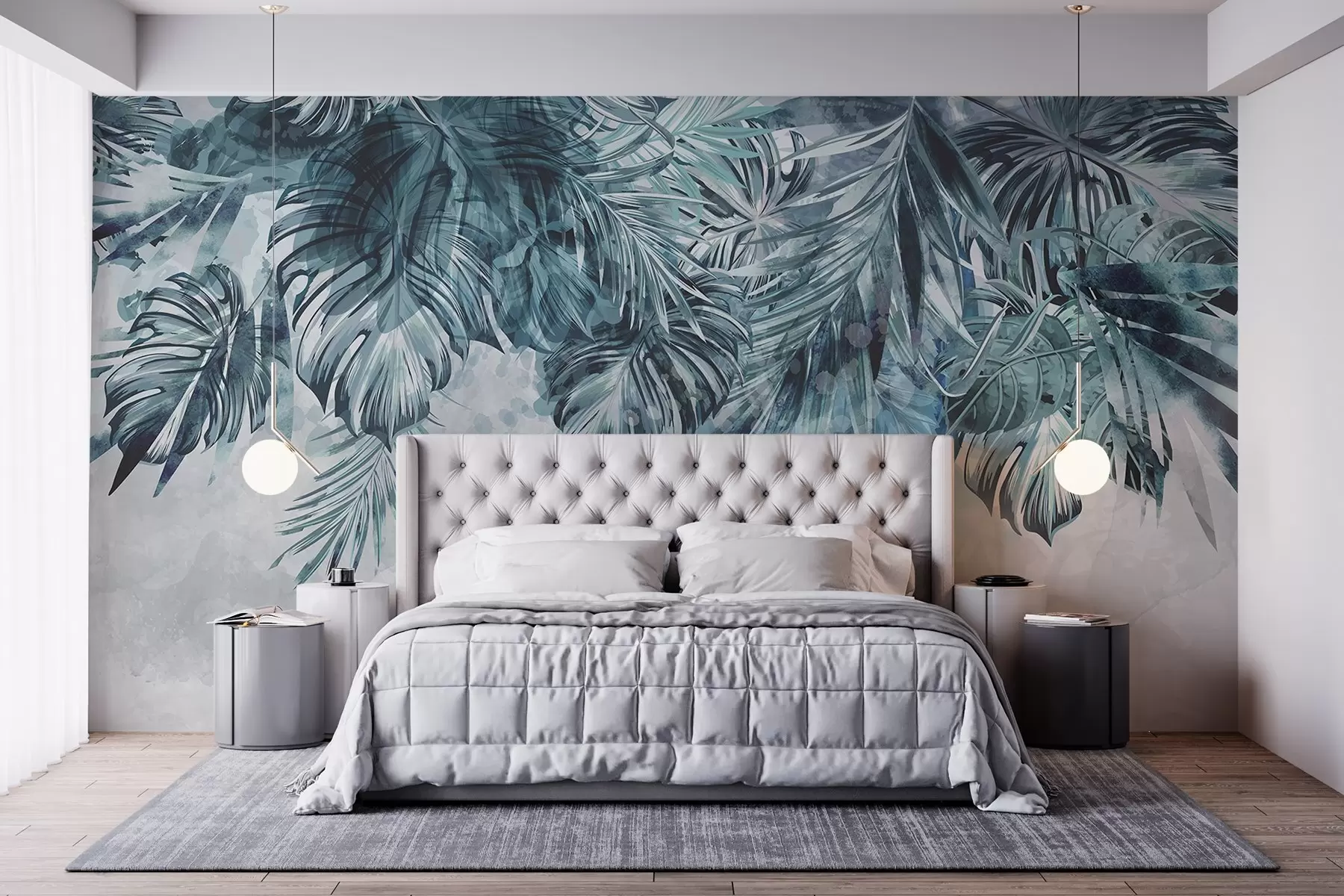 Fototapet Tropiska blad i nyanser av blågrönt och grönt som faller från toppen mot en ljus, strukturerad bakgrund w08667