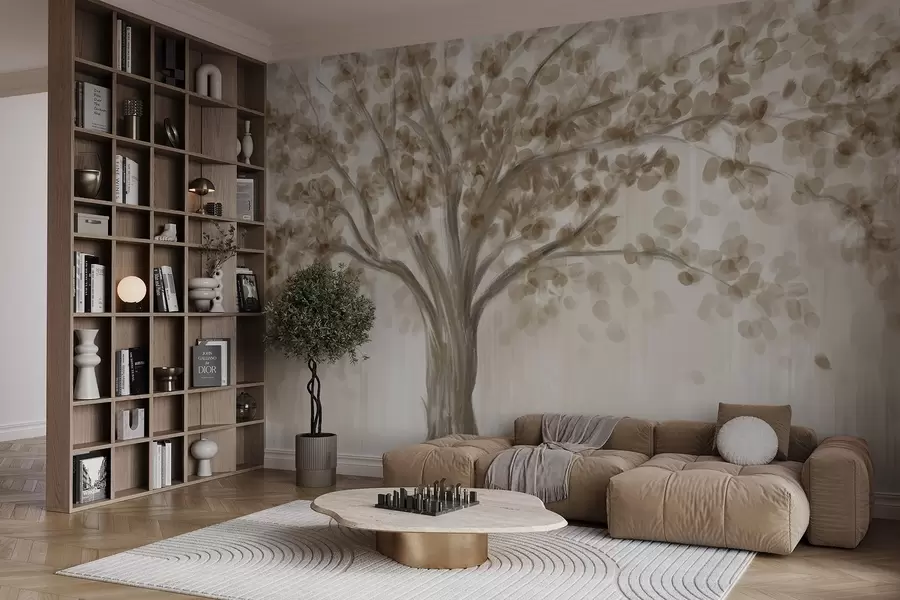 Fototapet Ett stort träd med mjuka, abstrakta blad i beige på en ljus, neutral bakgrund som framhäver trädets toner  w08669