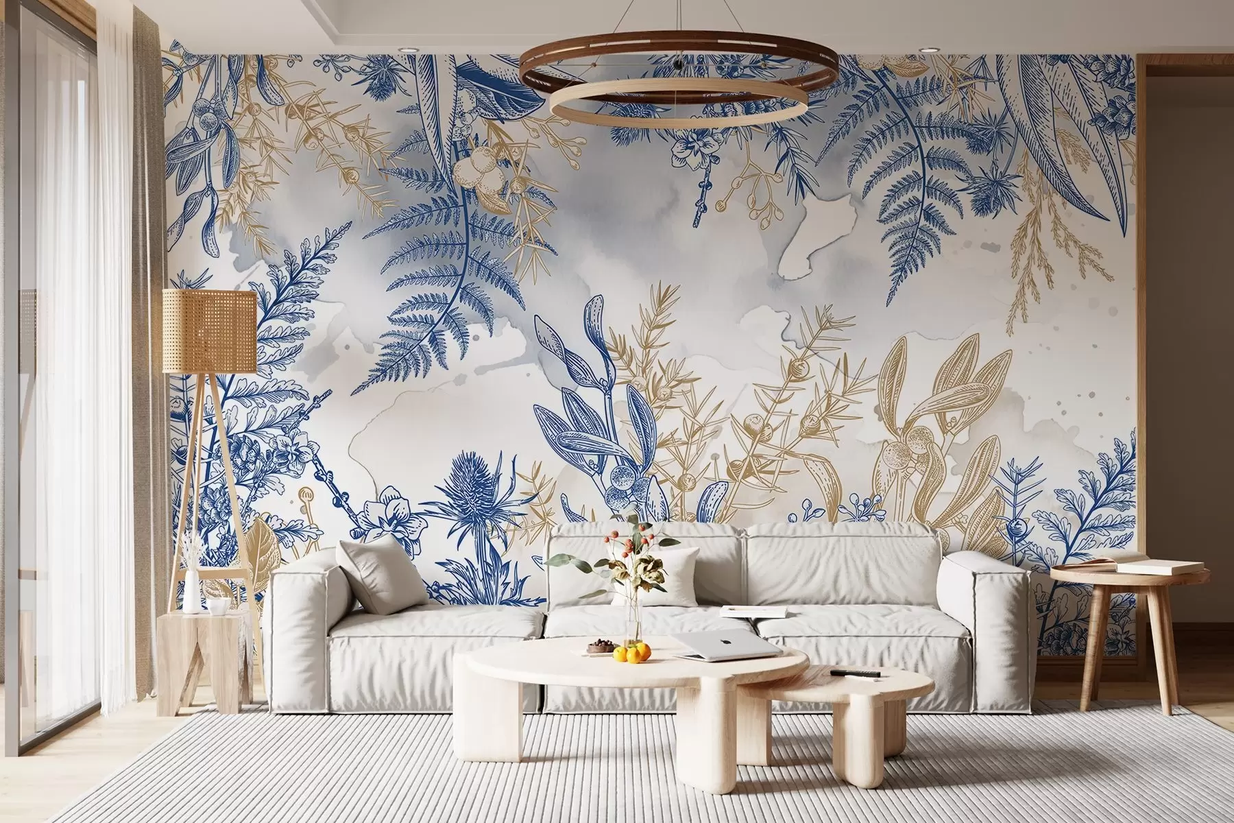 Fototapet Ett blommönster med blå och gula botaniska element mot en ljus, mjuk bakgrund med akvarelleffekter  w08671