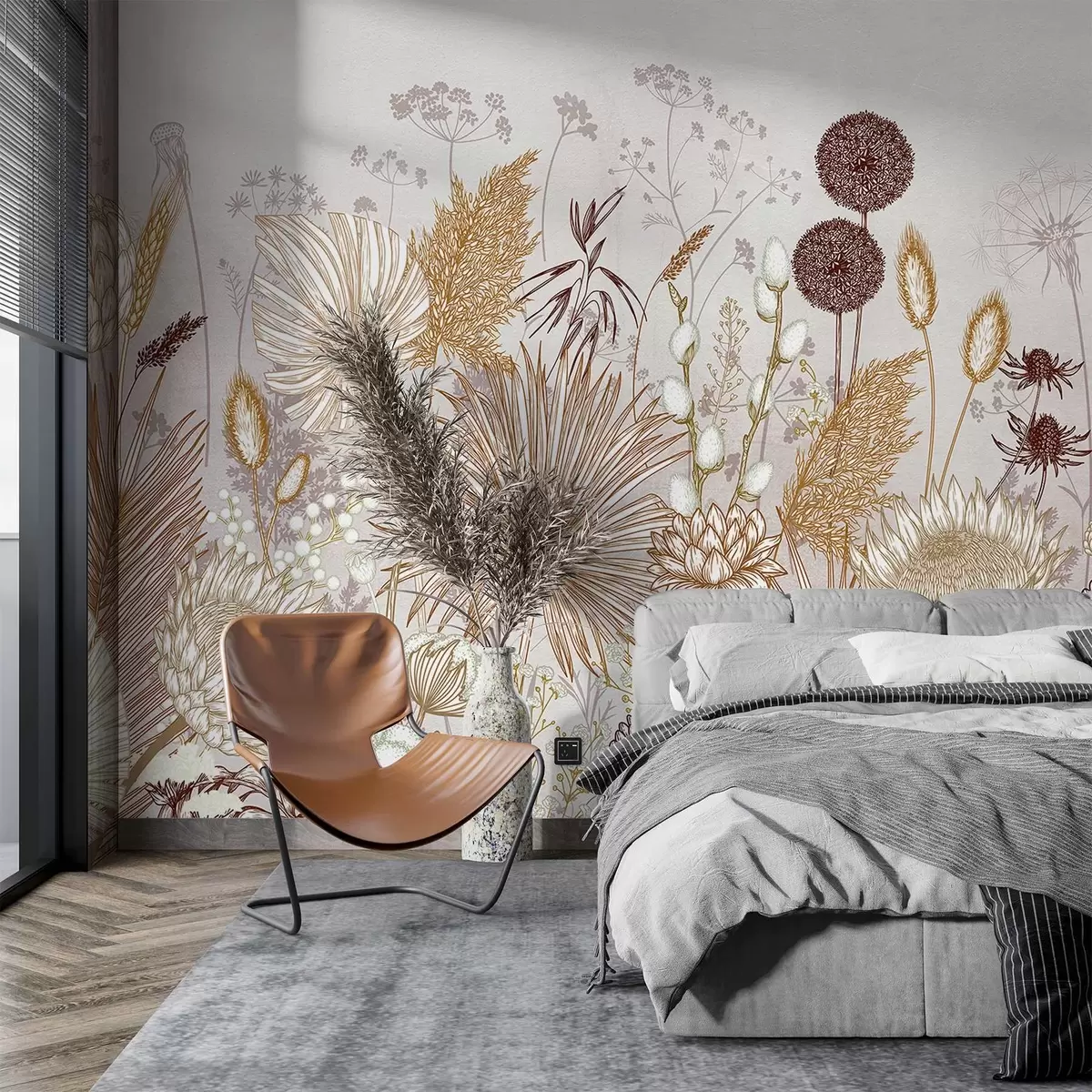 Fototapet Blommor och växter i varma toner av beige i botanisk stil som visar upp en mängd olika former och texturer  w08672