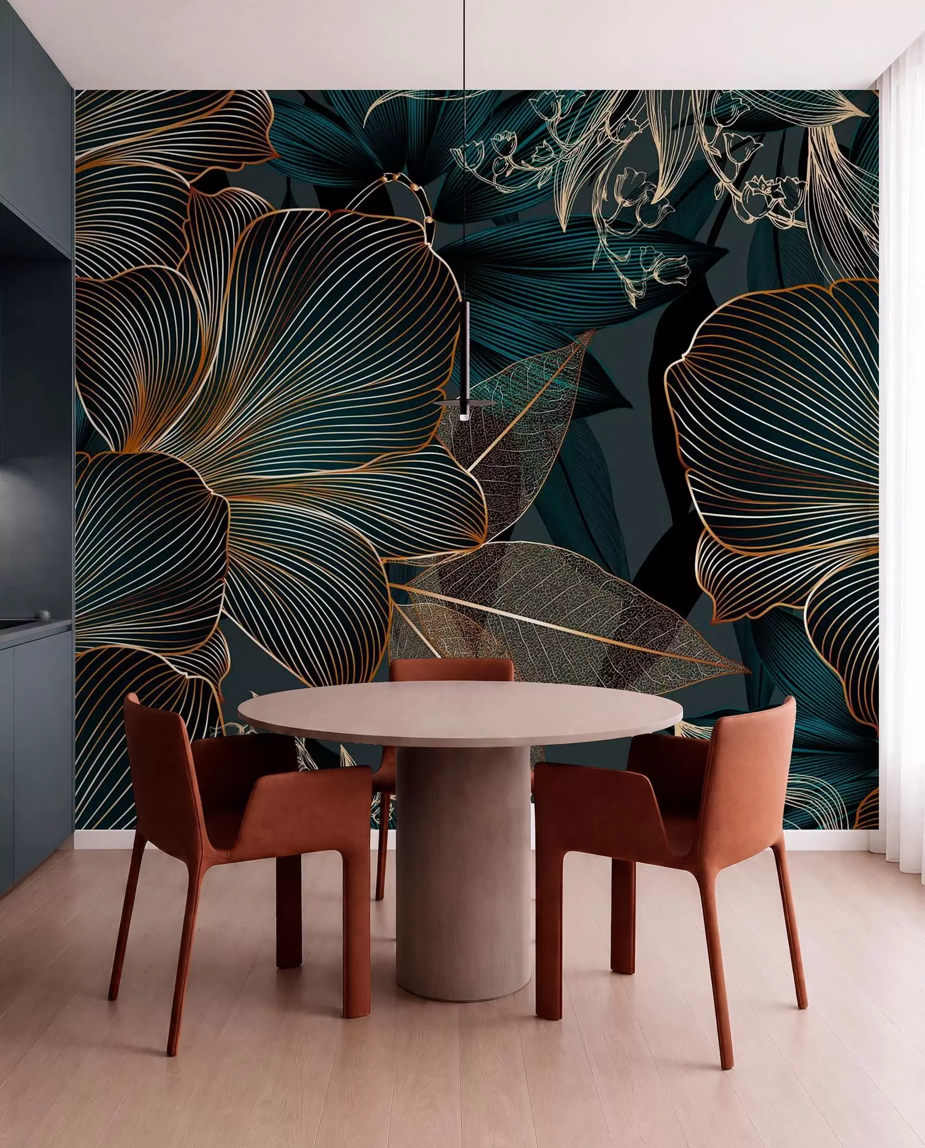 Fototapet Stiliserade blommor och blad med intrikata linjer i nyanser av blågrönt och gult på mörk bakgrund w08675