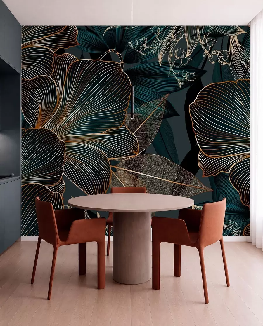 Fototapet Stiliserade blommor och blad med intrikata linjer i nyanser av blågrönt och gult på mörk bakgrund w08675