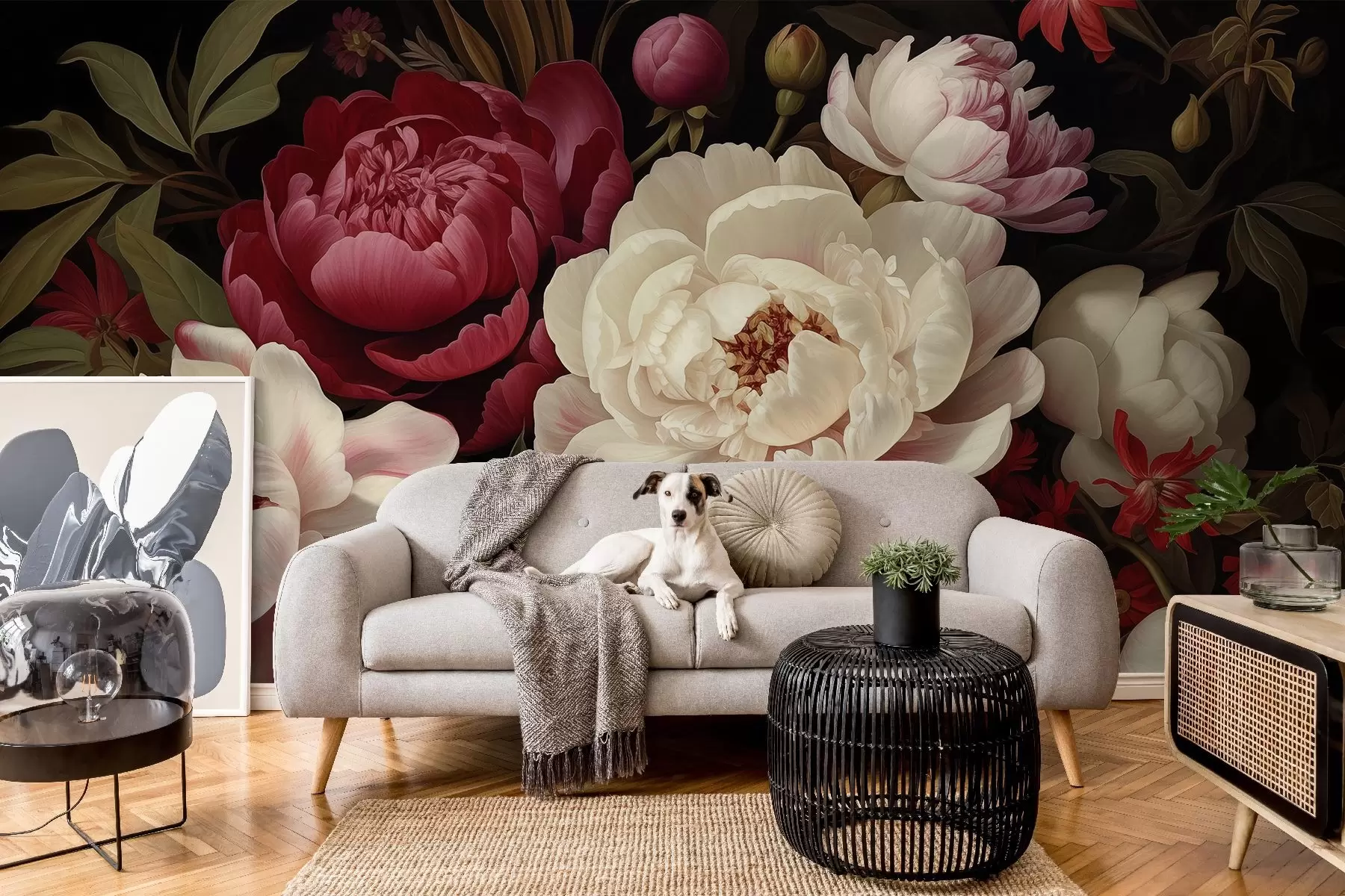 Fototapet En lyxig bukett med pioner och blommor i rika röda, rosa och krämfärgade nyanser på en mörk bakgrund w08689