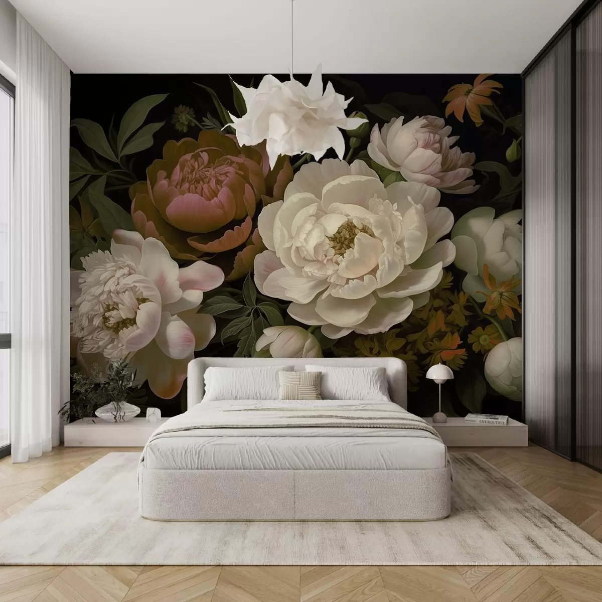 Fototapet Utsökt bukett av pioner och blommor i varma krämfärgade, rosa och gröna nyanser på en mörk bakgrund w08689v2