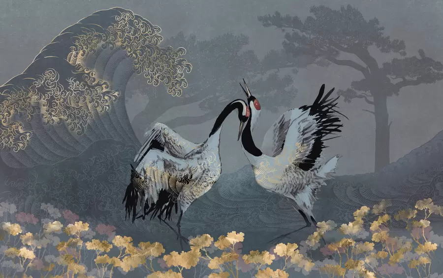 Fototapet Tranor, träd och vågor med kinesiska stilelement w02747