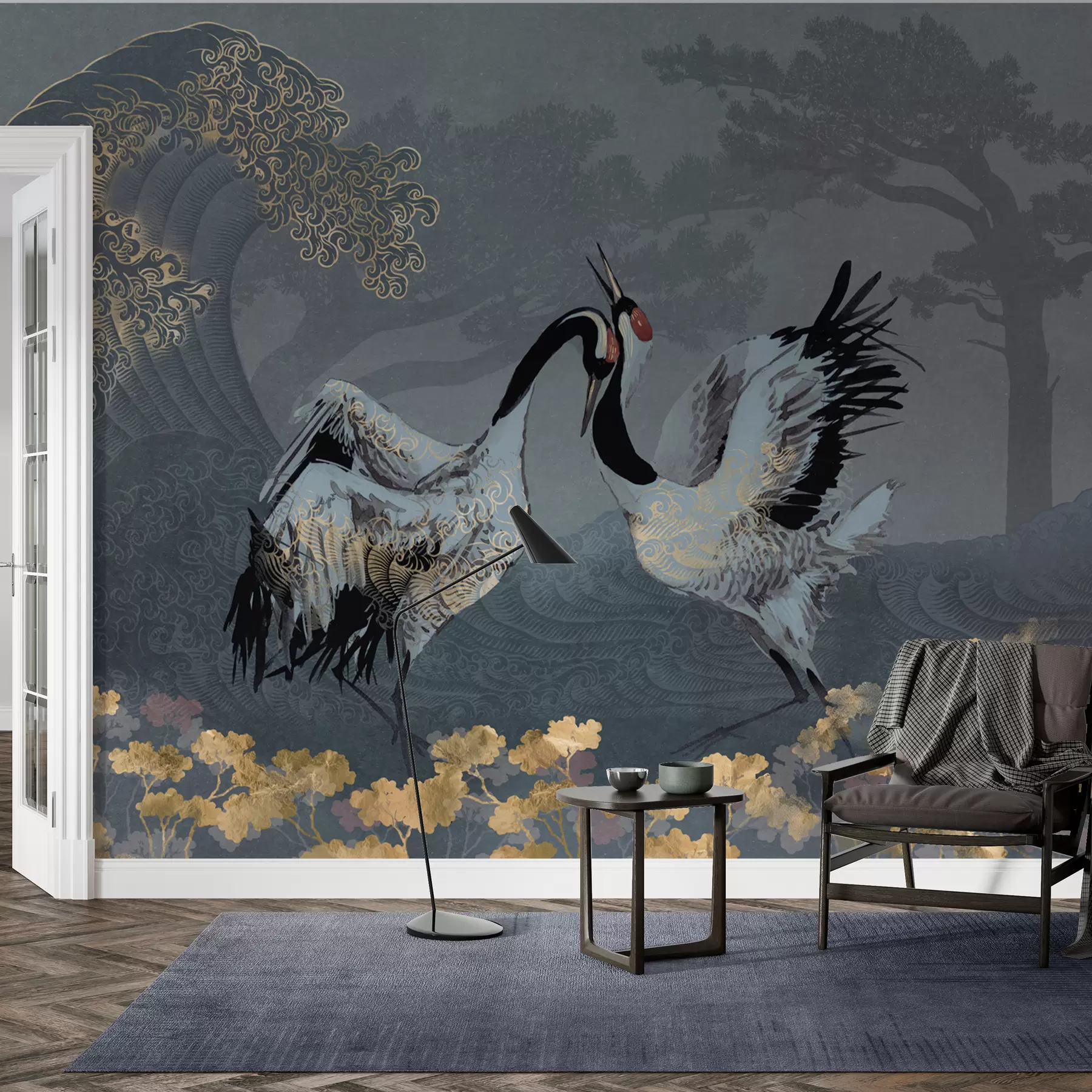 Fototapet Tranor, träd och vågor med kinesiska stilelement w02747