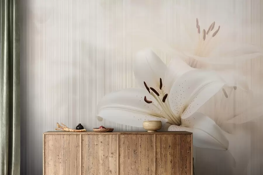Fototapet Fina beige liljor på en bakgrund av vertikala ränder w08676