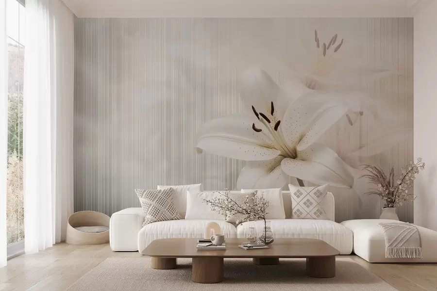 Fototapet Fina beige liljor på en bakgrund av vertikala ränder w08676