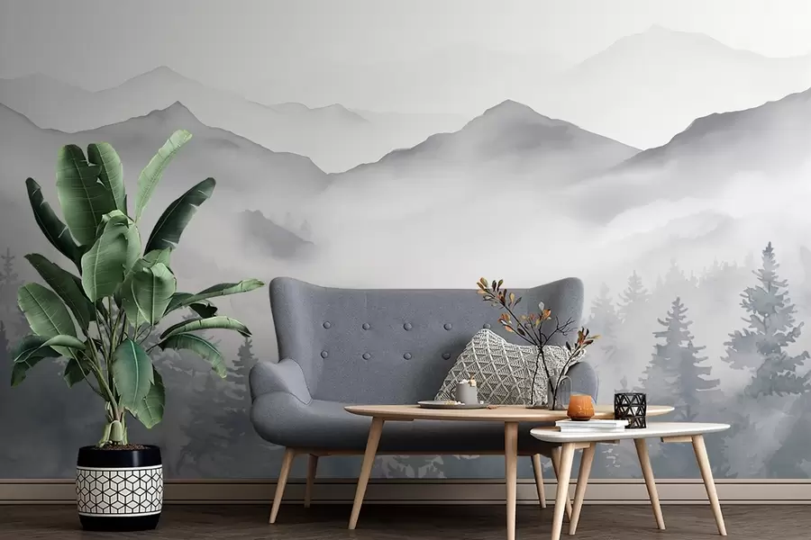Fototapet Fridfullt bergslandskap med dimmiga skogar i mjuka grå och blå toner w08680