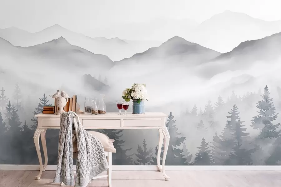 Fototapet Fridfullt bergslandskap med dimmiga skogar i mjuka grå och blå toner w08680