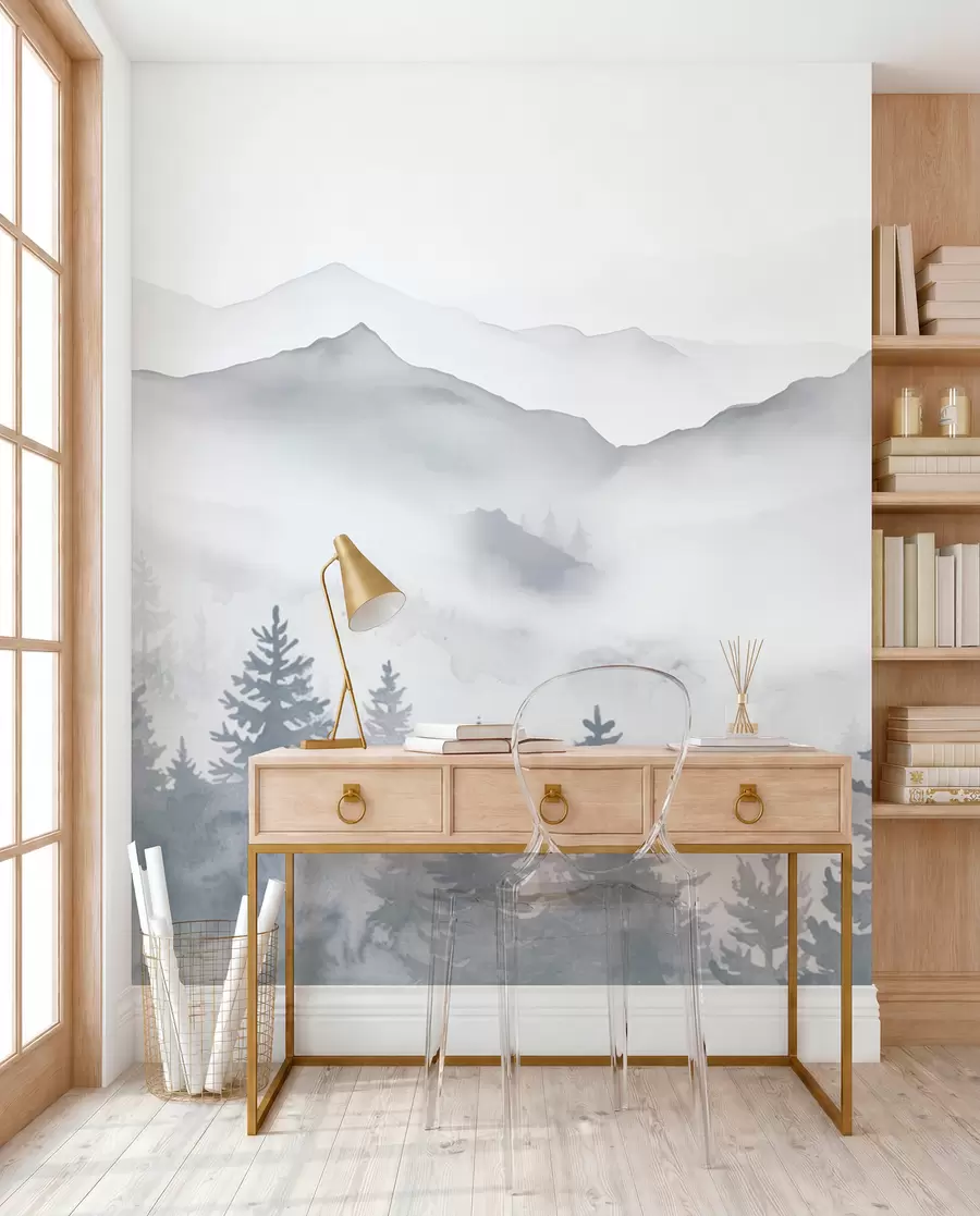 Fototapet Fridfullt bergslandskap med dimmiga skogar i mjuka grå och blå toner w08680