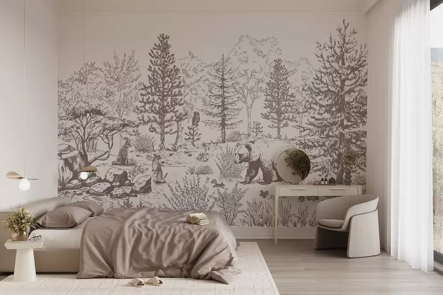 Fototapet Skogsliv, träd, vilda djur, björn, räv, uggla, buskar, blyertsteckning, beige färger w02929