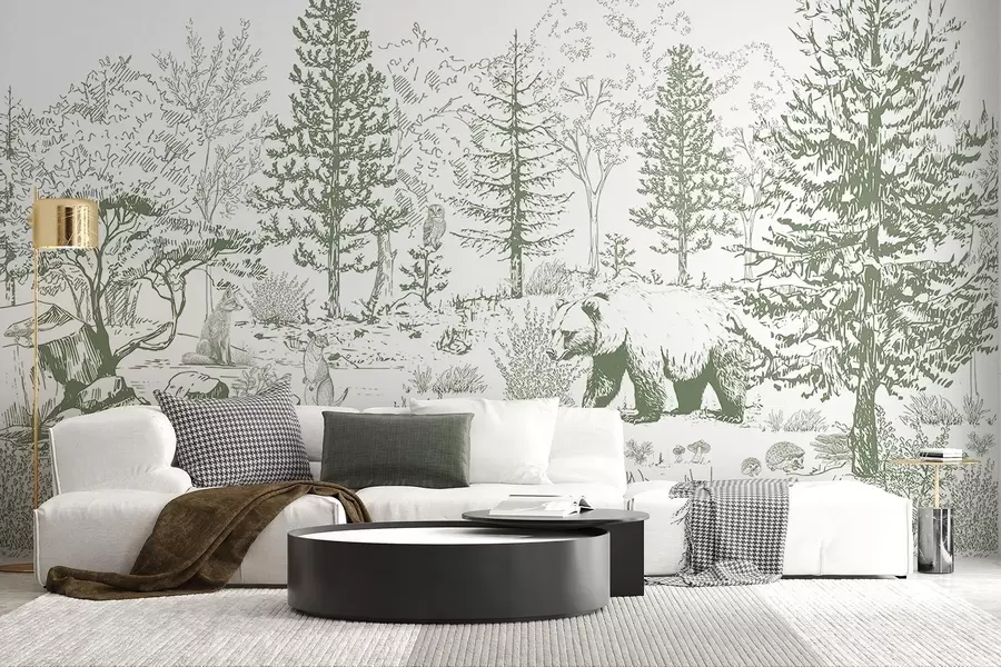 Fototapet Skogsliv, träd, vilda djur, björn, räv, uggla, buskar, blyertsteckning, gröna färger w02929v2