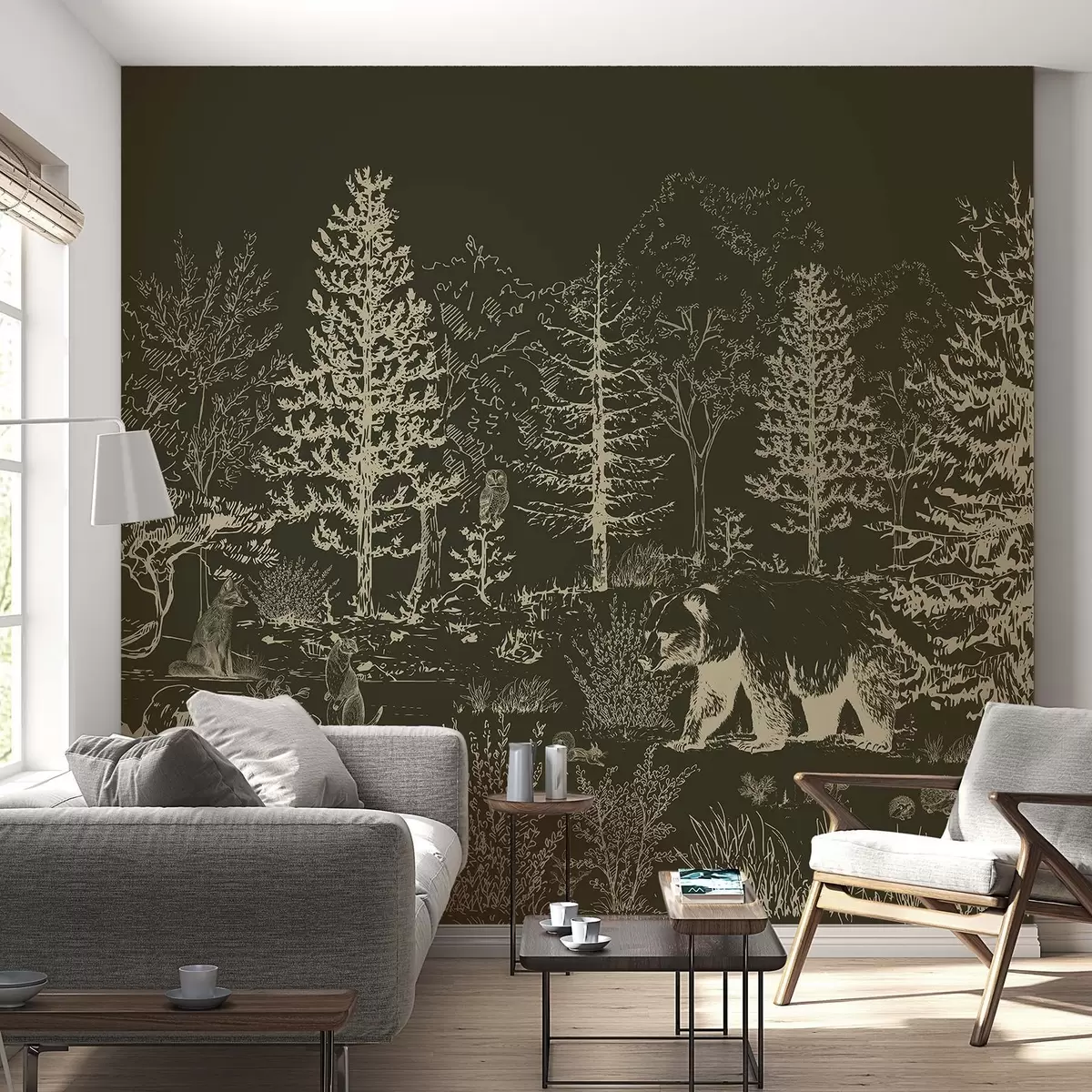 Fototapet Skogsliv, träd, vilda djur, björn, räv, uggla, buskar, mörkgrön bakgrund w02929v3