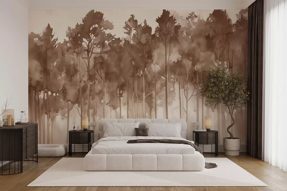 Fototapet Skog i akvarellstil, tallar, naturlandskap, beige färger w02937v1