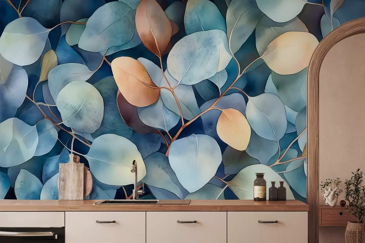 Fototapet Vackra eukalyptusblad, blommönster, teckning i akvarellstil w02939