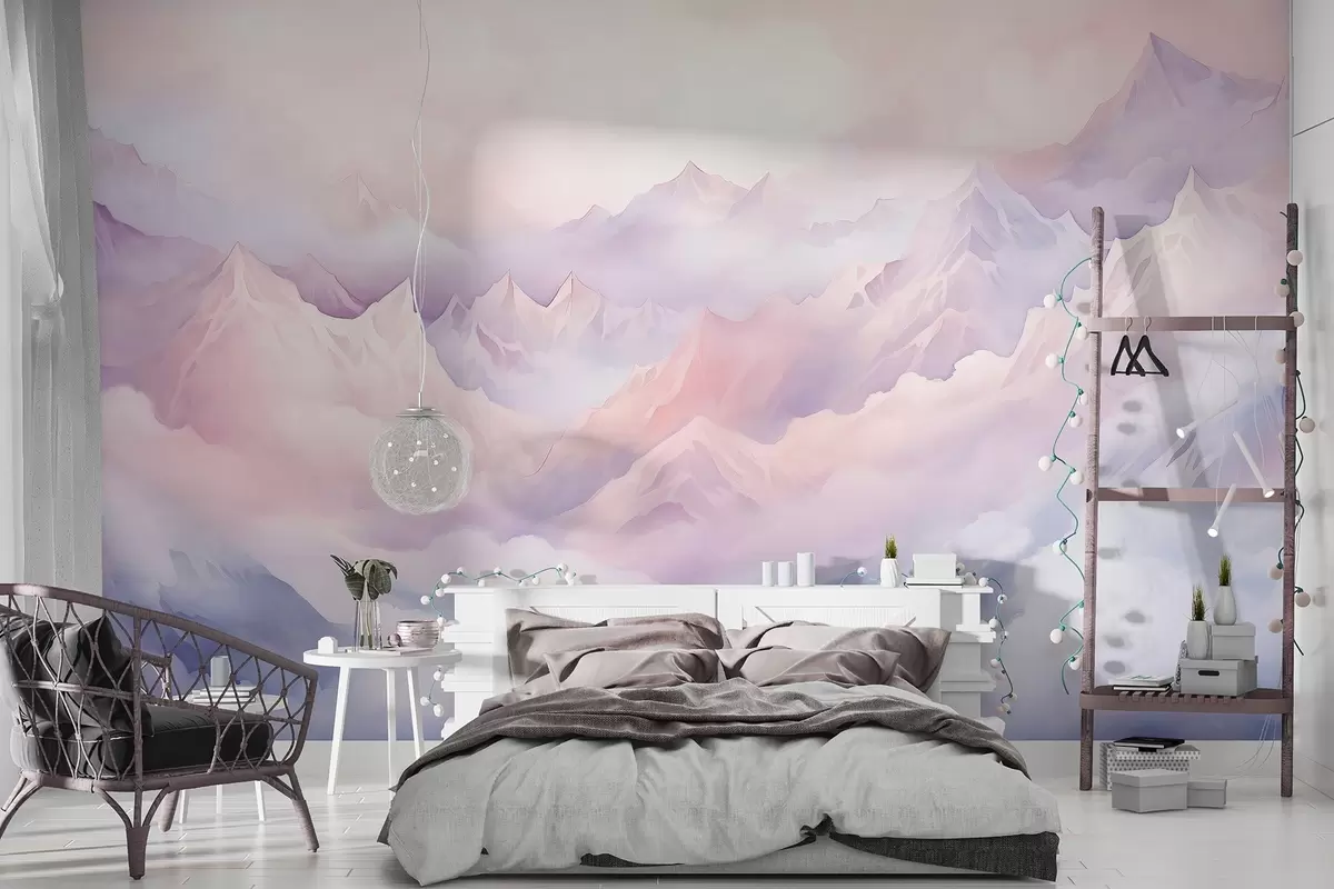 Fototapet Eteriska berg med moln, akvarellstil, mjuka lila och rosa färger w02943