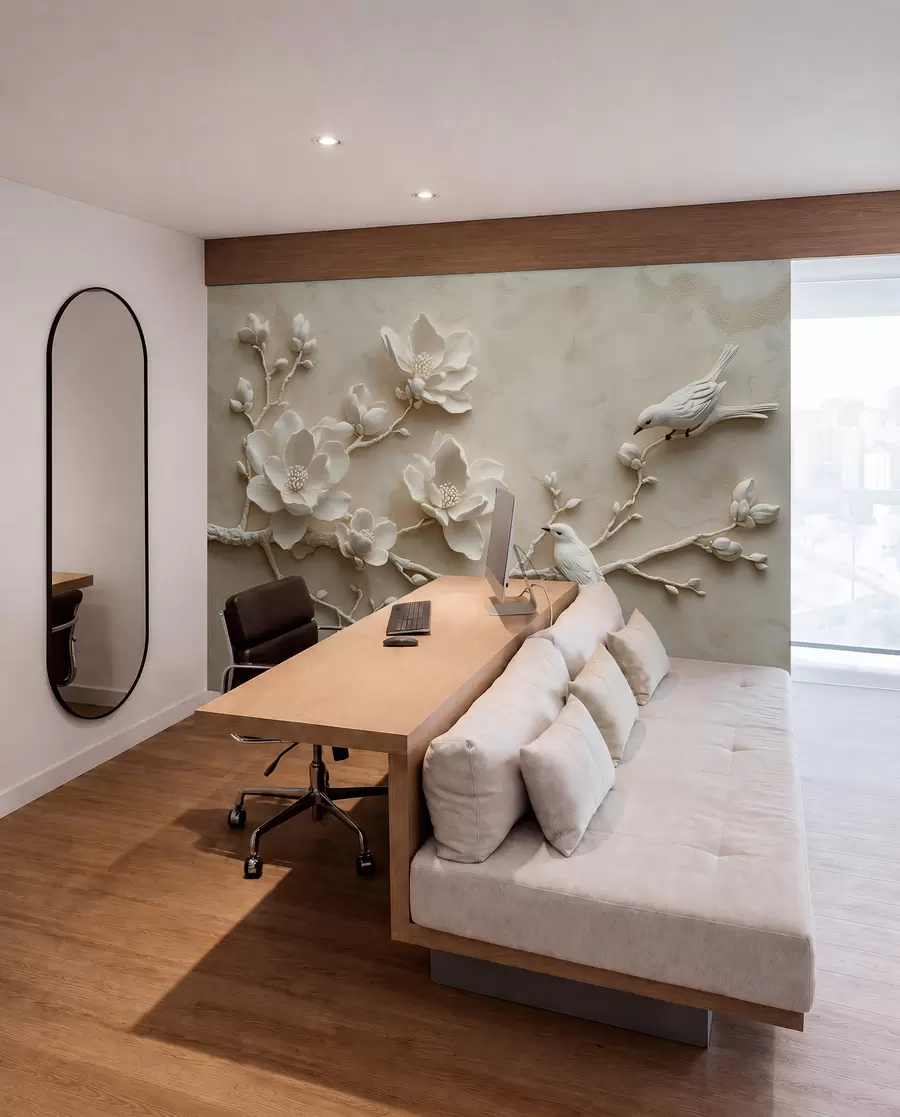 Fototapet 3D magnoliagrenar med fåglar på w08690
