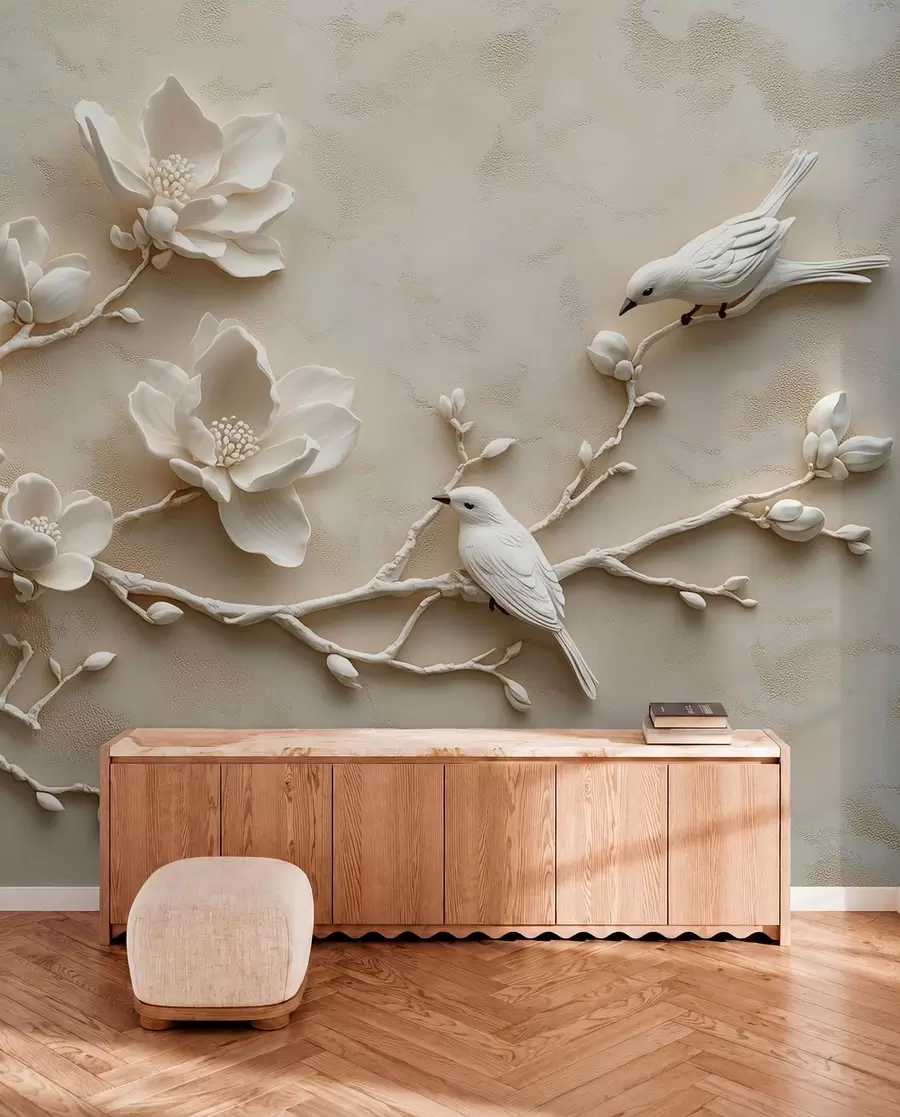 Fototapet 3D magnoliagrenar med fåglar på w08690