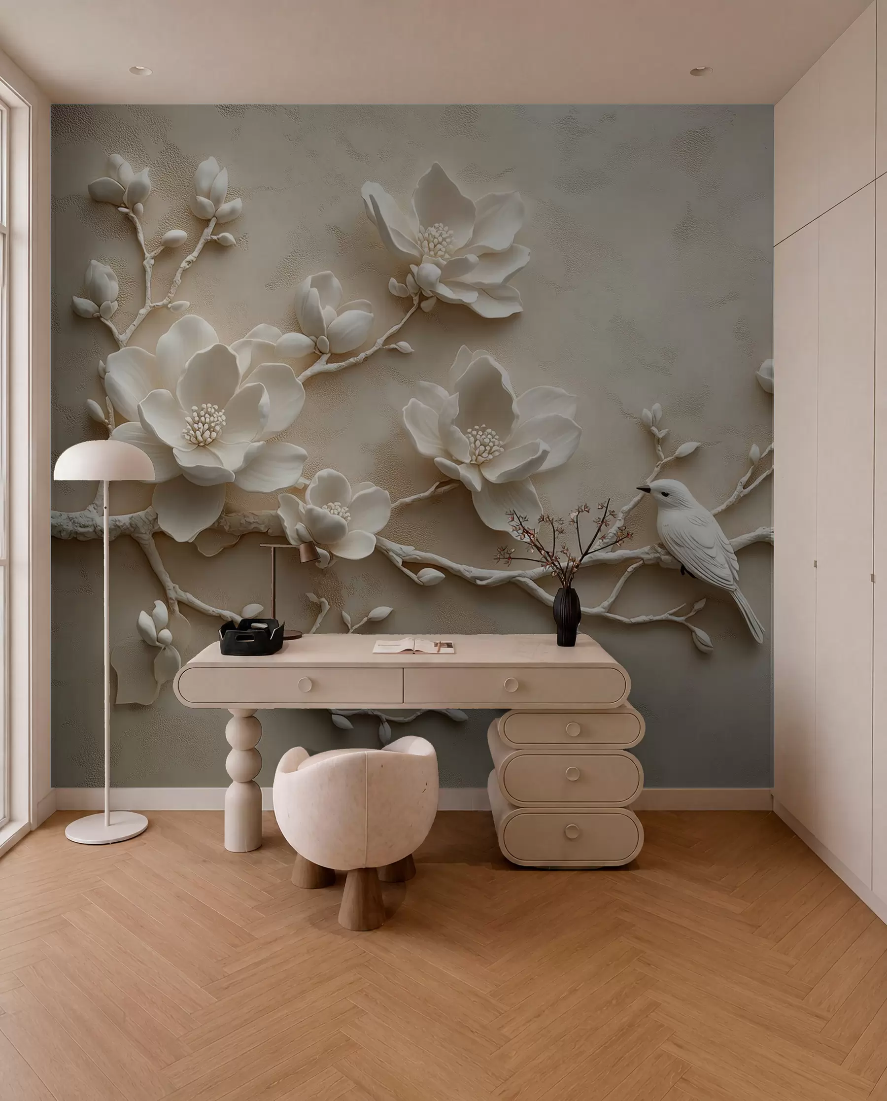 Fototapet 3D magnoliagrenar med fåglar på w08690