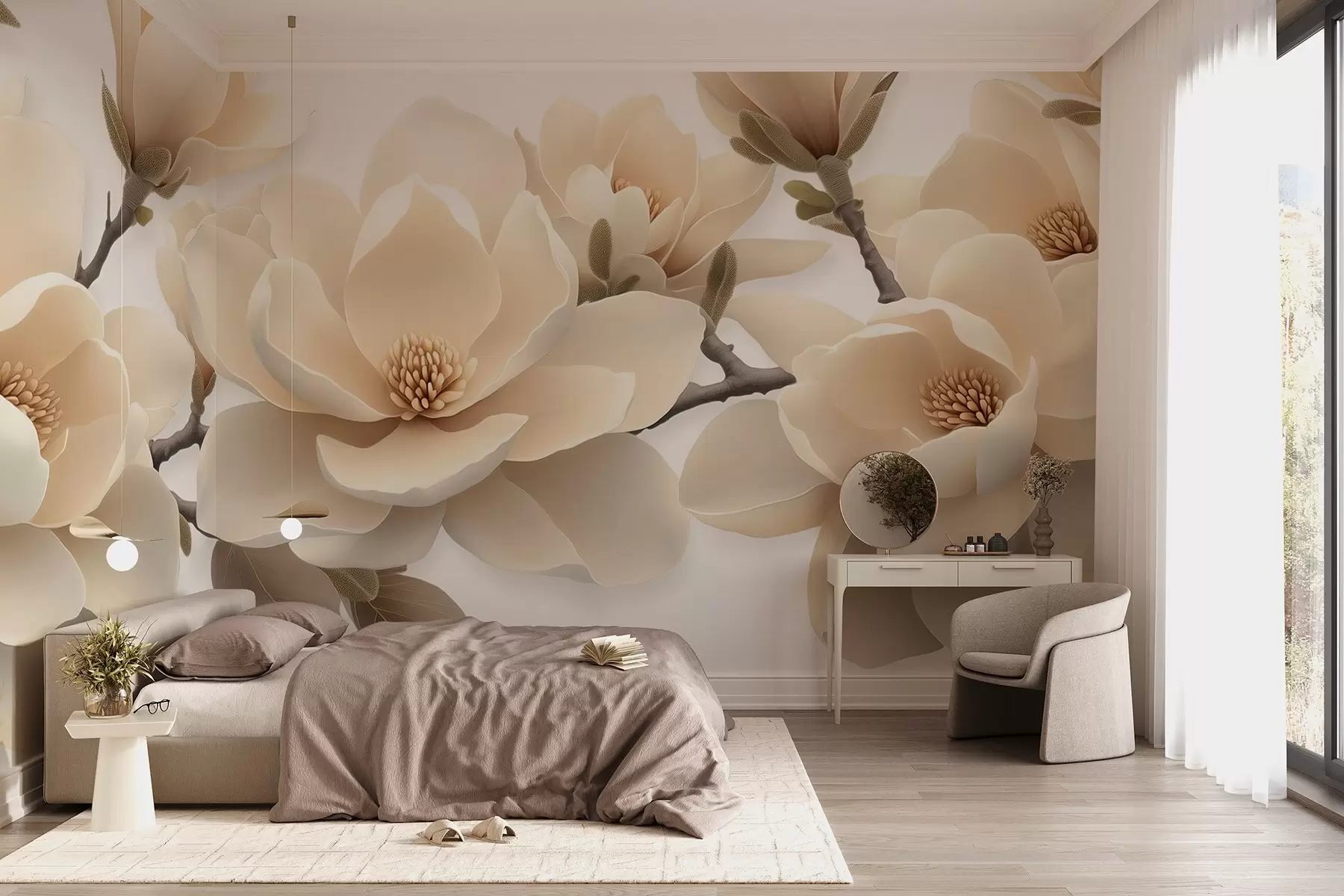 Fototapet Beige blommande magnoliablommor i en krämig ton på en vit bakgrund w08692