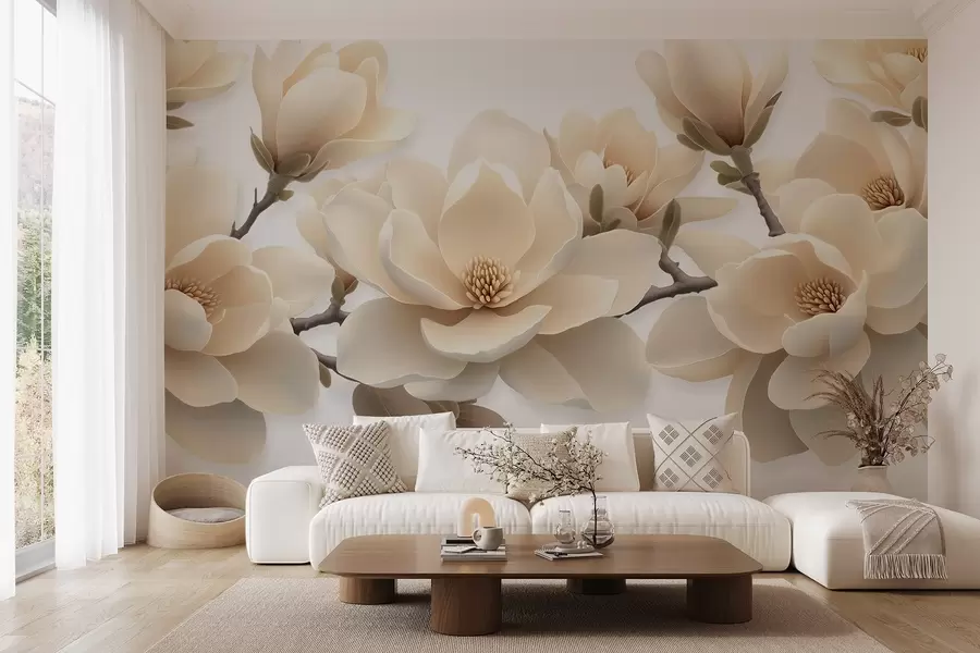 Fototapet Beige blommande magnoliablommor i en krämig ton på en vit bakgrund w08692