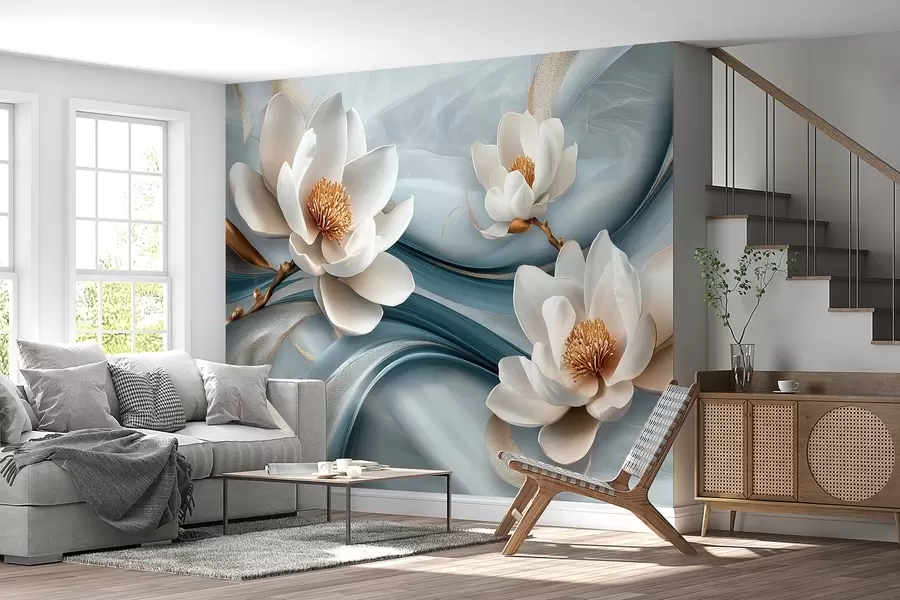 Fototapet Magnoliablommor kombinerade med blå, vita och gula toner med abstrakta vågor w08695