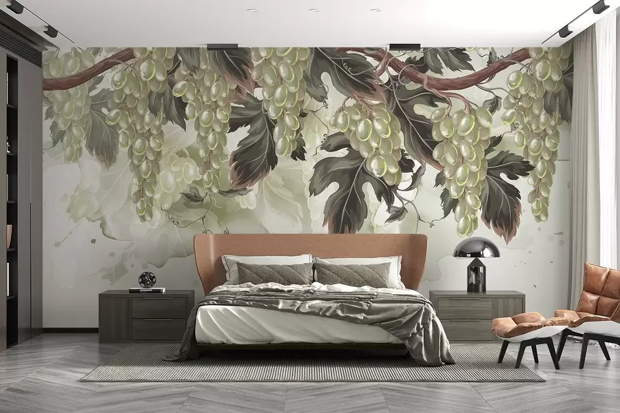 Fototapet Vindruvor som hänger från en vinranka med gröna blad, mot en ljus bakgrund med akvarellliknande texturer w08696