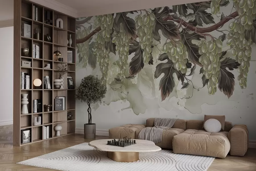 Fototapet Vindruvor som hänger från en vinranka med gröna blad, mot en ljus bakgrund med akvarellliknande texturer w08696