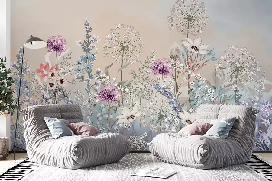 Fototapet En livlig blomsterträdgård med olika blommor och gräs på en mjuk pastellfärgad texturerad bakgrund med gradient w08699
