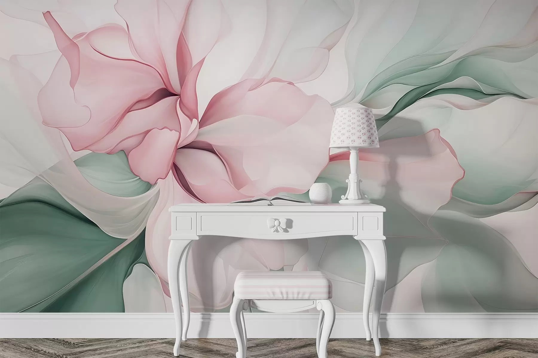 Fototapet Flödande abstrakta blomblad genomskinliga och skiktade former i pastellfärger, i rosa och gröna nyanser w08701v1