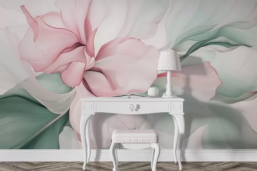 Fototapet Flödande abstrakta blomblad genomskinliga och skiktade former i pastellfärger, i rosa och gröna nyanser w08701v1