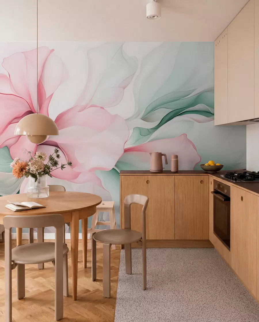 Fototapet Flödande abstrakta blomblad genomskinliga och skiktade former i pastellfärger, i rosa och gröna nyanser w08701v1