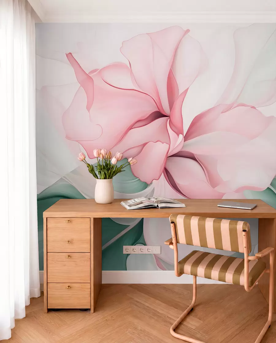 Fototapet Flödande abstrakta blomblad genomskinliga och skiktade former i pastellfärger, i rosa och gröna nyanser w08701v1