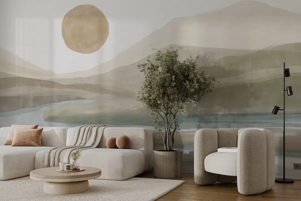 Fototapet Ett landskap med berg i lager på lager med en svag lutning, en slingrande flod, dämpad orange sol på himlen w08702